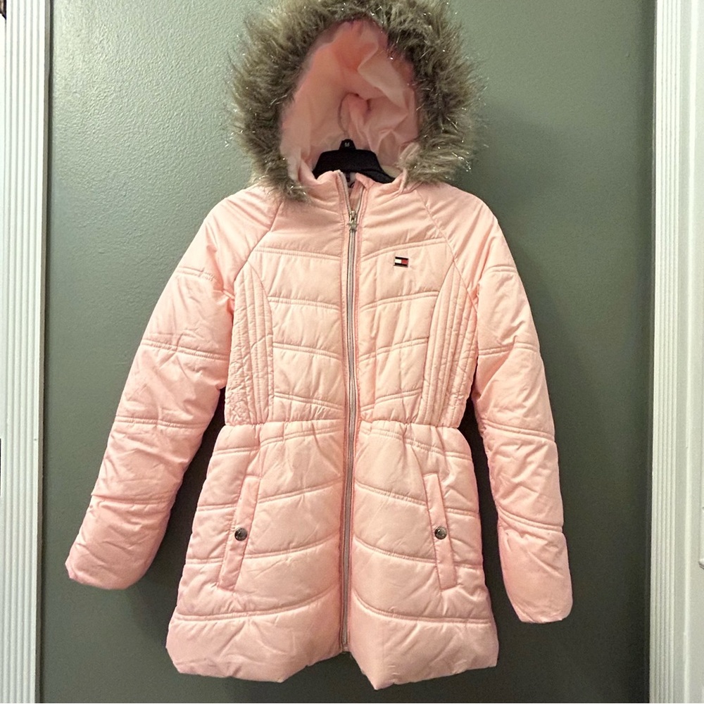 Tommy Hilfiger Girls Pink PUFFER Jacket with Fur lined hood size 16 XL Coat